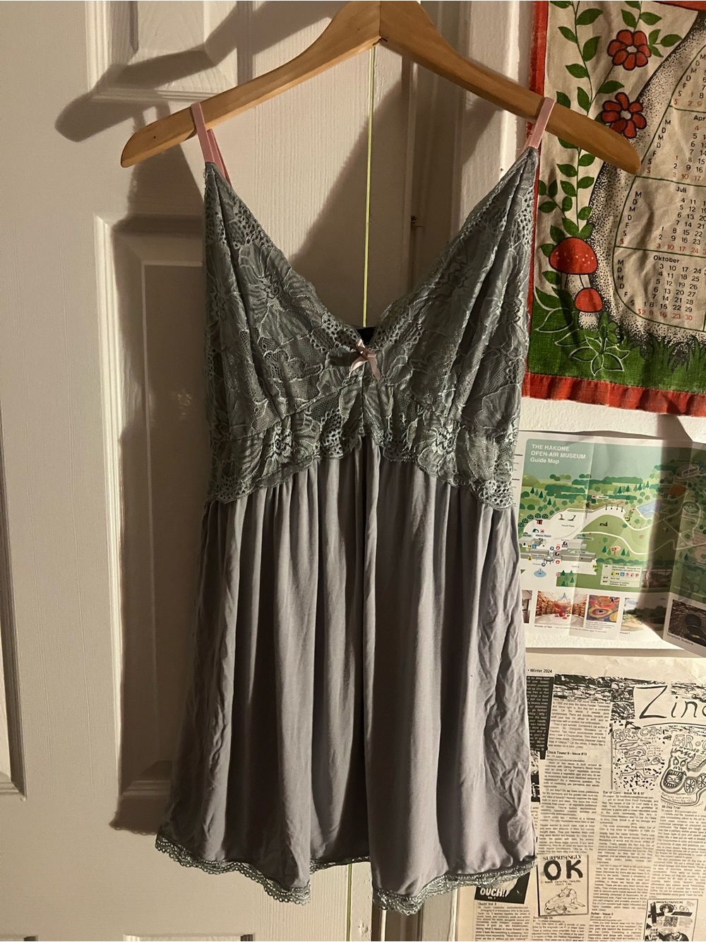 Grey Lace Trim Slip Dress with Pink Straps
